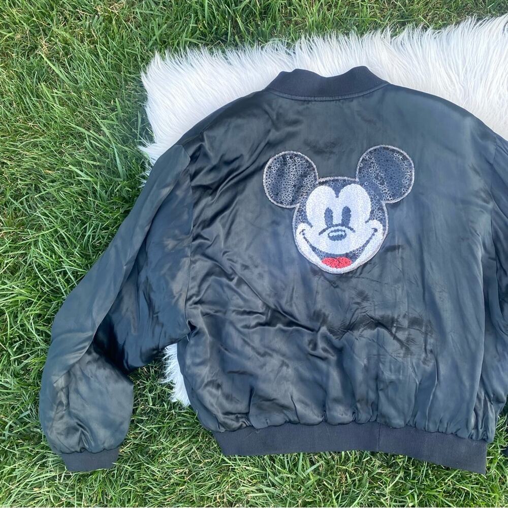 Vintage Disney Mickey Mouse Jou Jou Sequin Silky Black Bomber Jacket XL